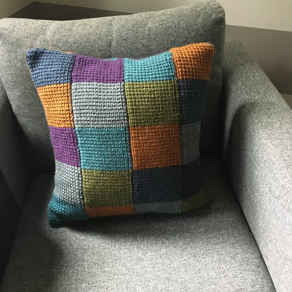 Handmade Tunisian Crocheted Multi-Colored Square Checkerboard Accent Pillow - Picture 3 of 16